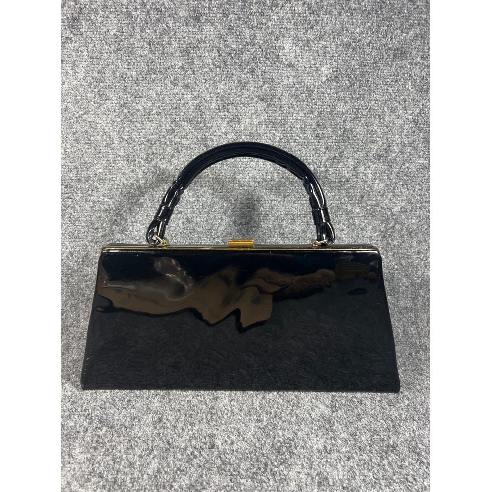 Vintage Dover Black Patent Leather Handbag Made in USA Top Handle Gold Frame Bag